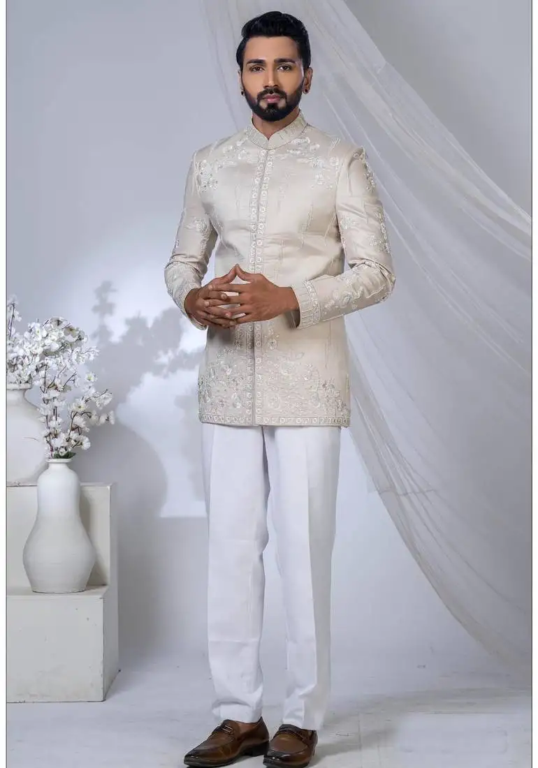 Off white rayon embroidered bandhgala for mens