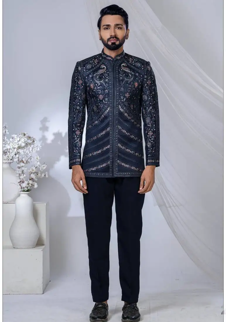 Blue rayon embroidered bandhgala for mens