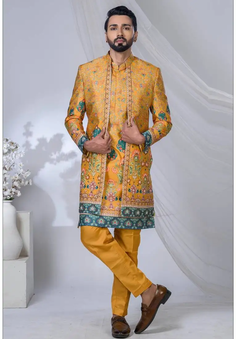 Yellow silk embroidered indo western for mens