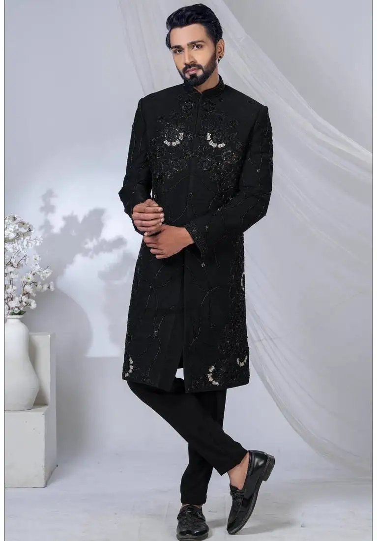 Black rayon hand woven sherwani for mens
