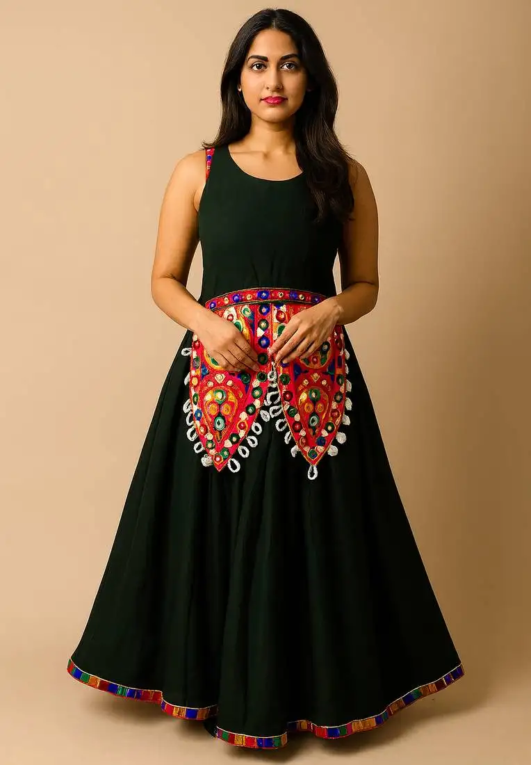 Navratri black rayon lehenga set for womens-free size