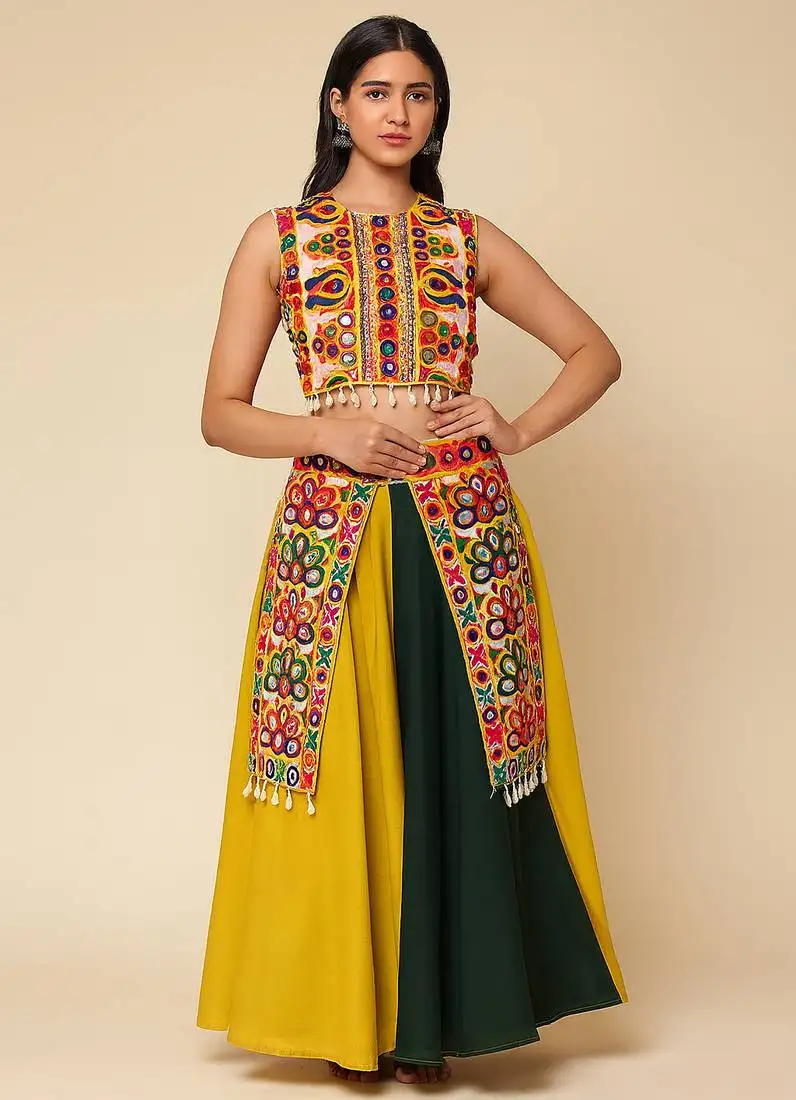 Navratri yellow rayon lehenga set for womens-free size