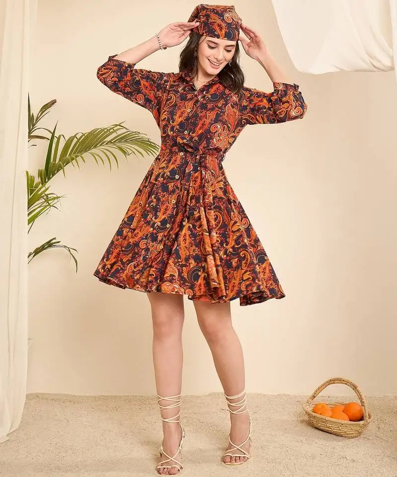 Orange & navy blue paisly print flared dress