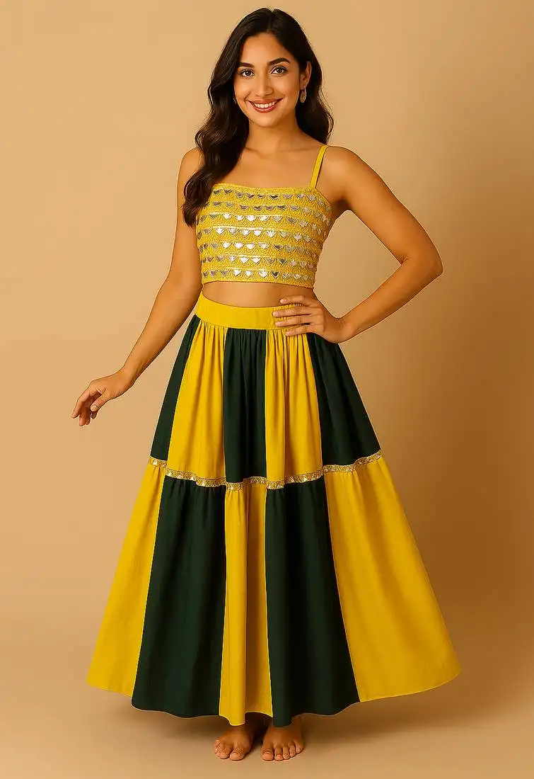 Navratri yellow rayon navratri lehenga set for womens-free size