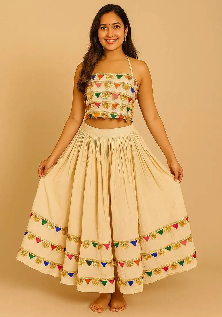 Navratri cream rayon lehenga set for womens-free size