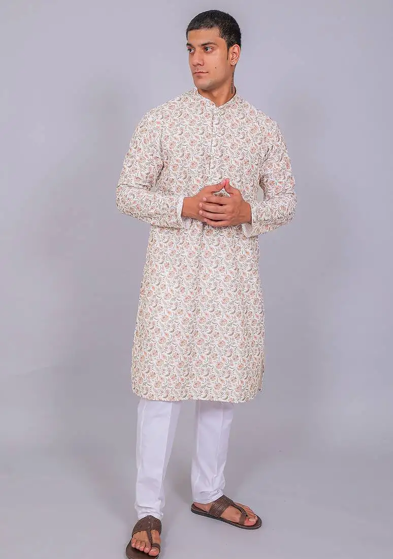 Bluesaanchi men's chikankari threadwork & sequin kurta set – white