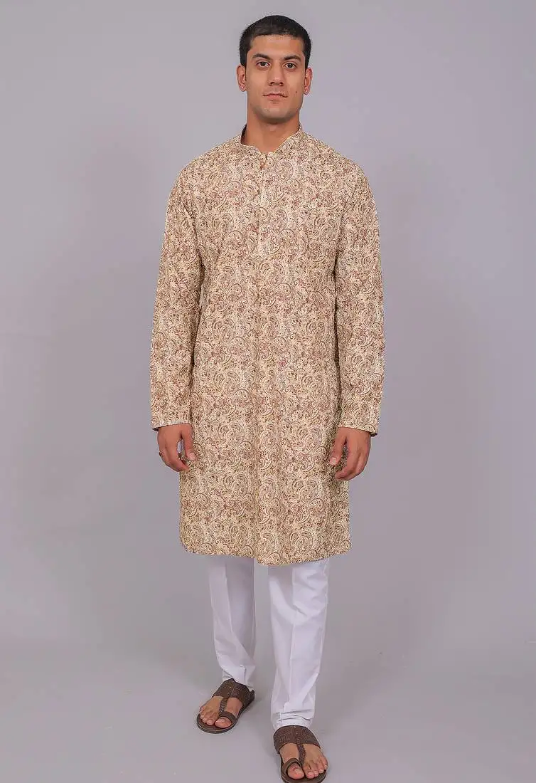 Bluesaanchi men's chikankari threadwork & sequin kurta set – cream & mauve