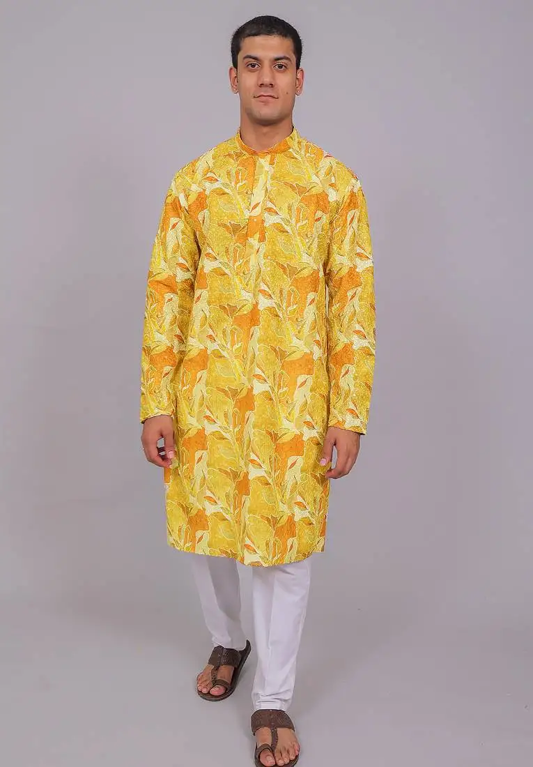 Bluesaanchi men's chikankari threadwork & sequin kurta set – lemon yellow