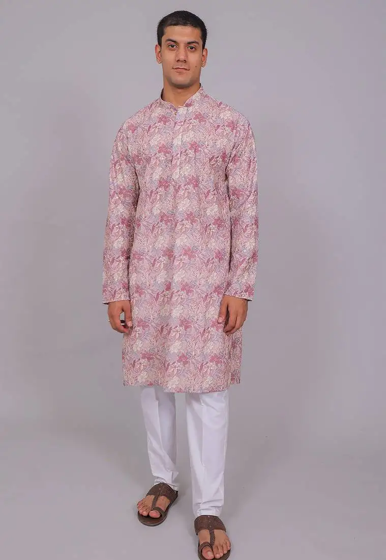Bluesaanchi men's chikankari threadwork & sequin kurta set – pink