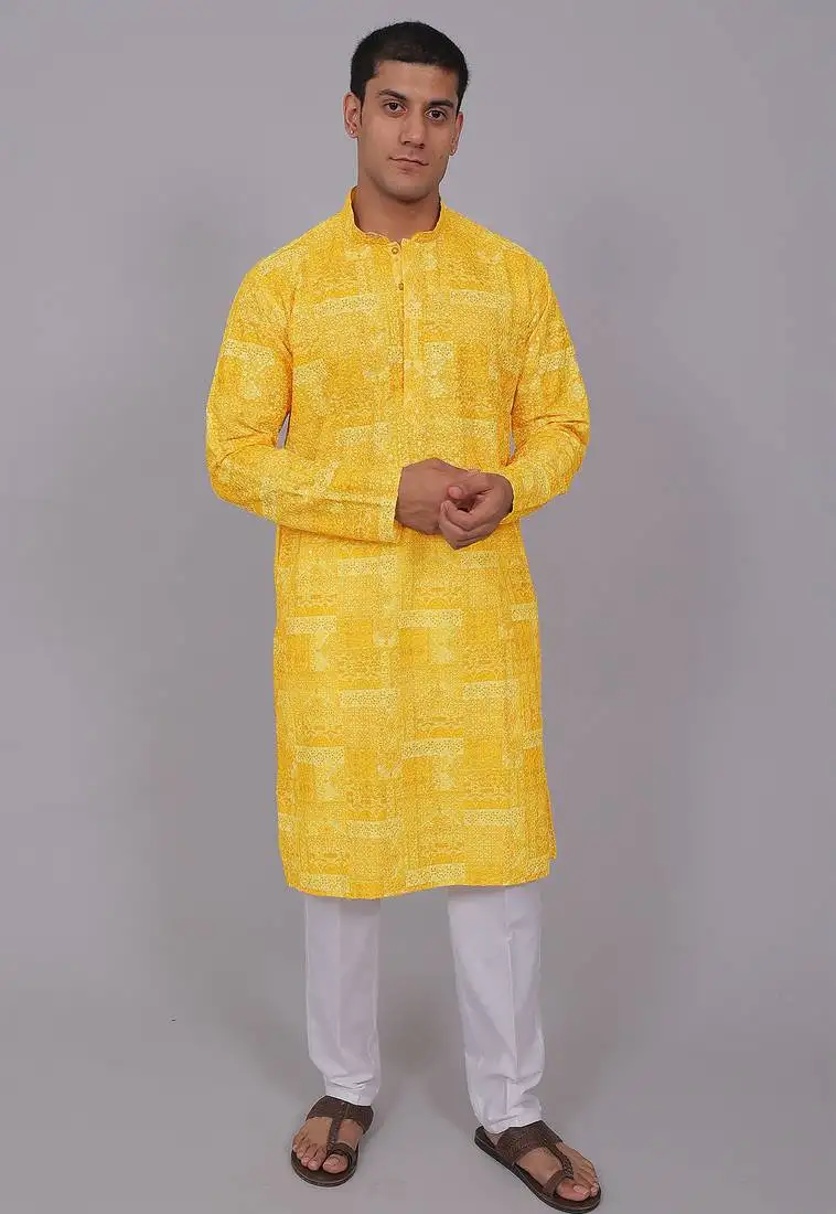 Bluesaanchi men's chikankari threadwork & sequin kurta set –light yellow