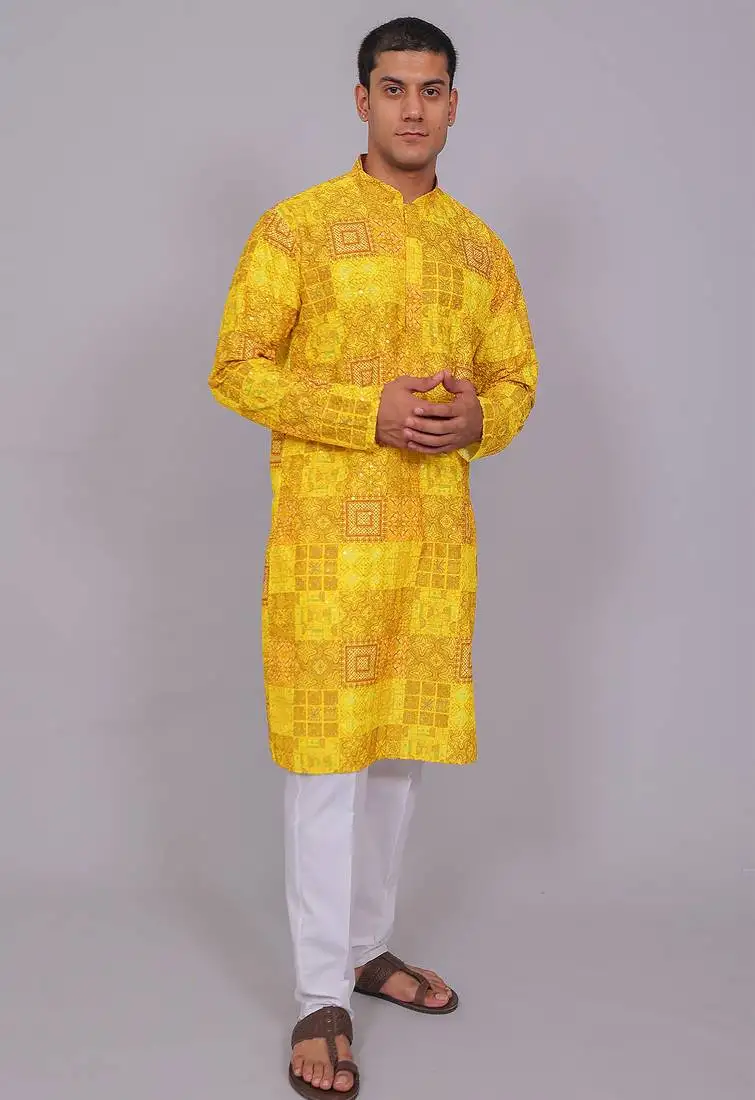 Bluesaanchi men's chikankari threadwork & sequin kurta set –dark yellow