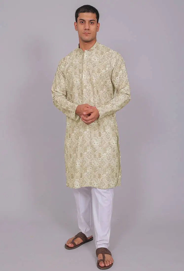 Bluesaanchi men's chikankari threadwork & sequin kurta set – olive green