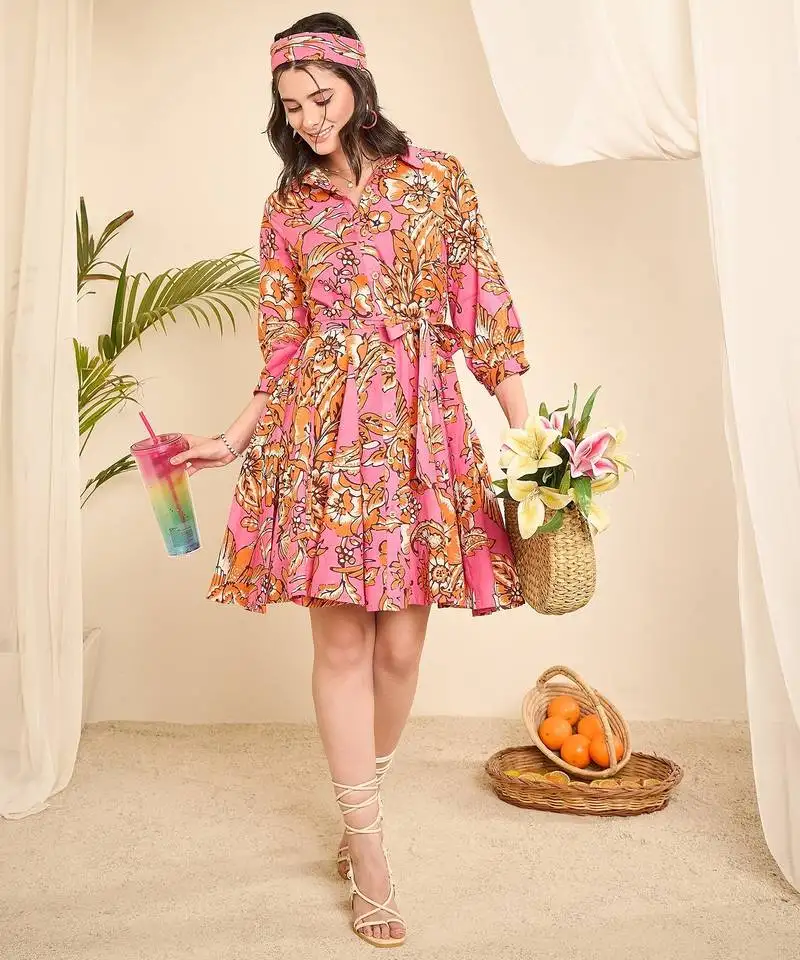 Pink floral print flared dress