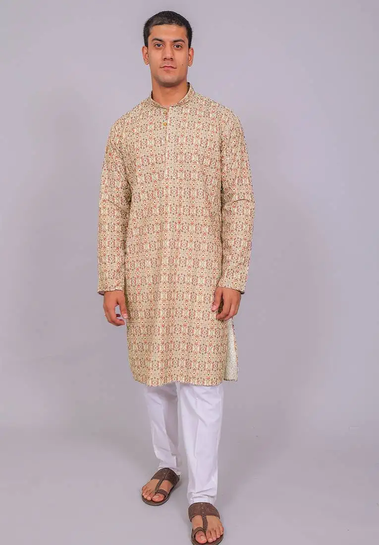 Bluesaanchi men's chikankari threadwork & sequin kurta set – grey pink