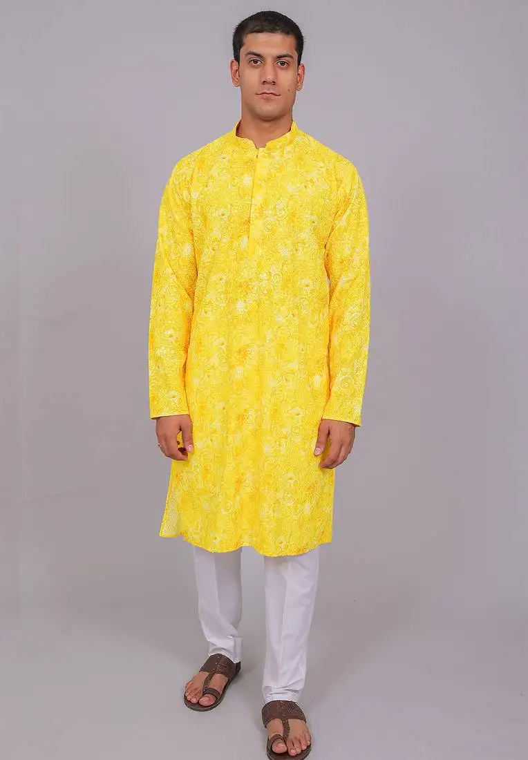 Bluesaanchi men's chikankari threadwork & sequin kurta set –yellow