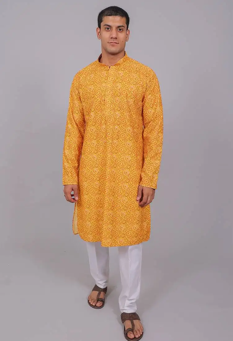 Bluesaanchi men's chikankari threadwork & sequin kurta set –yellow pink