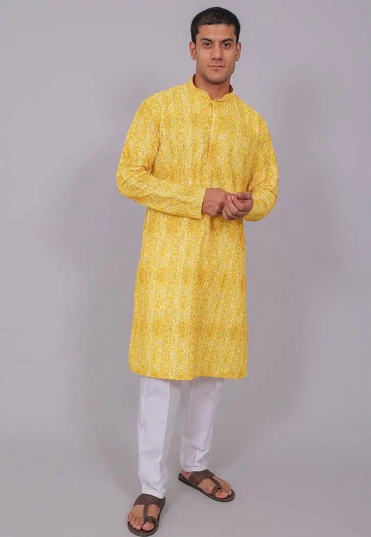 Bluesaanchi men's chikankari threadwork & sequin kurta set –yellow brown