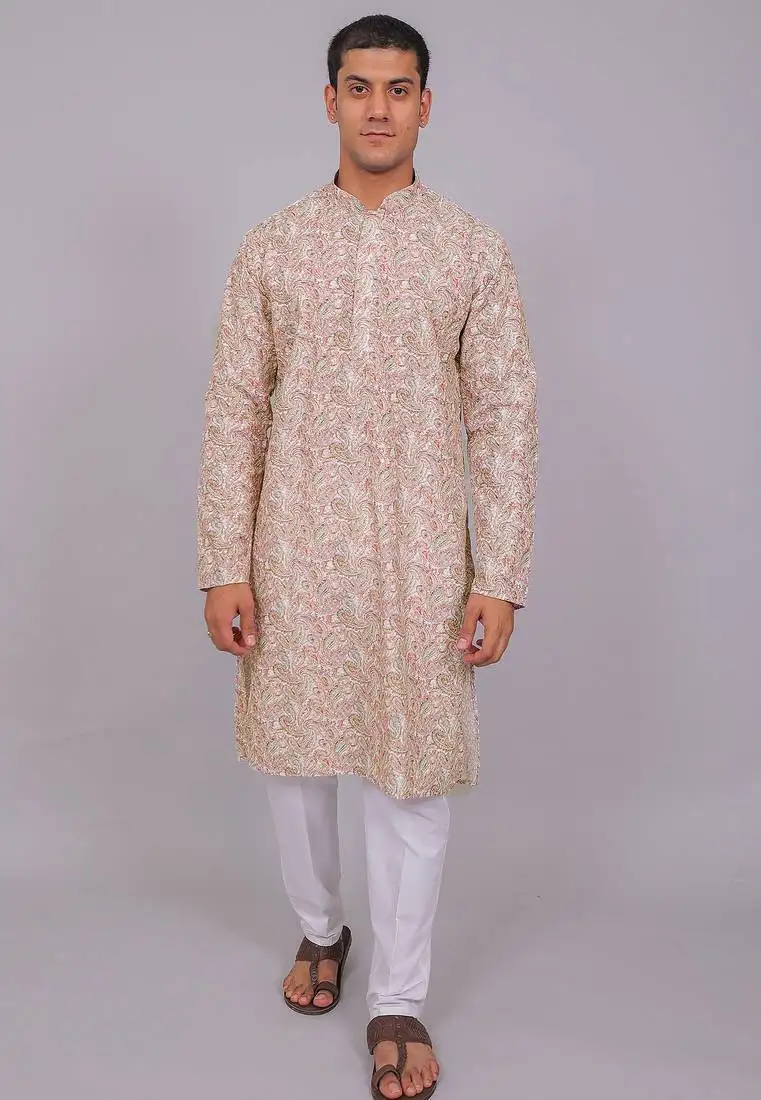 Bluesaanchi men's chikankari threadwork & sequin kurta set –pink white