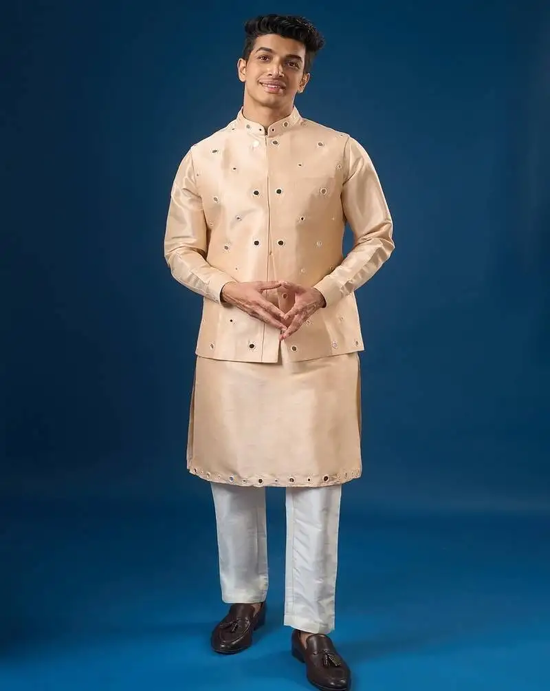 Peach mirror embroidered silk nehru jacket set