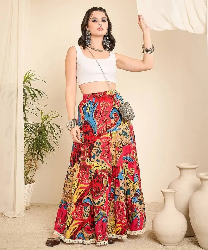 Abstract printed longline tiered skirt