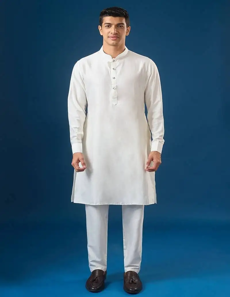 White embroidered cotton silk nehru jacket set