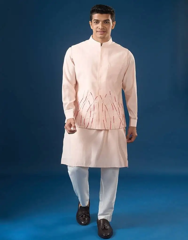 Pink embroidered cotton silk nehru jacket set