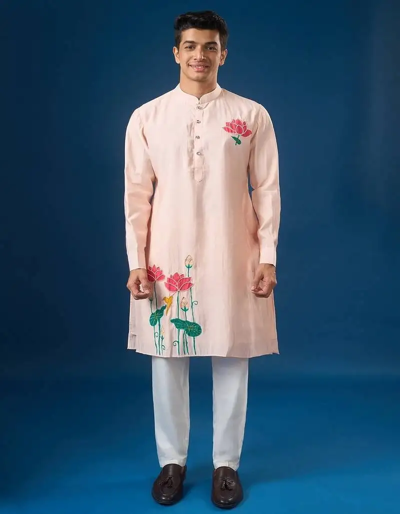 Pink embroidered cotton silk kurta set
