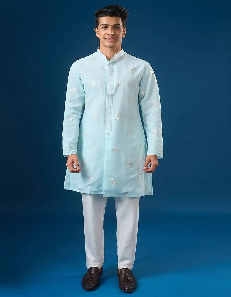 Blue embroidered georgette kurta set