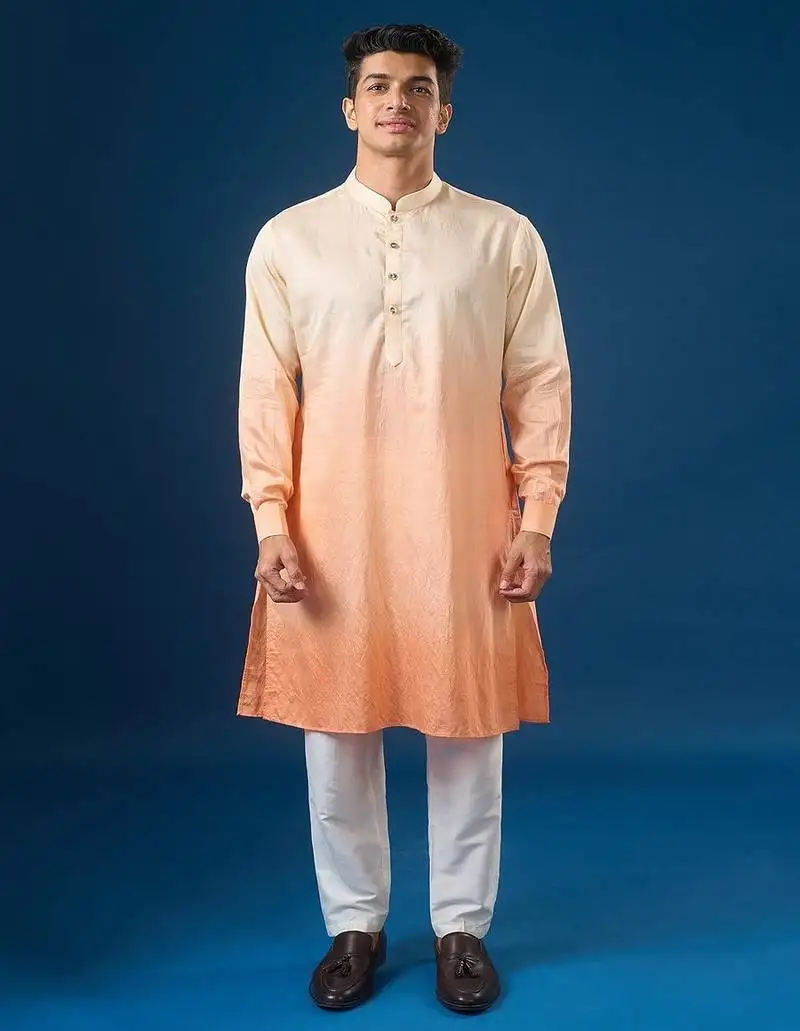 Peach printed cotton silk nehru jacket set