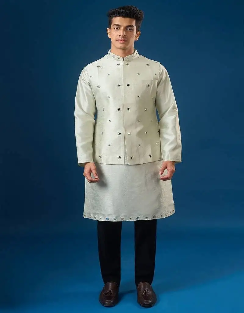 Green embroidered silk nehru jacket set