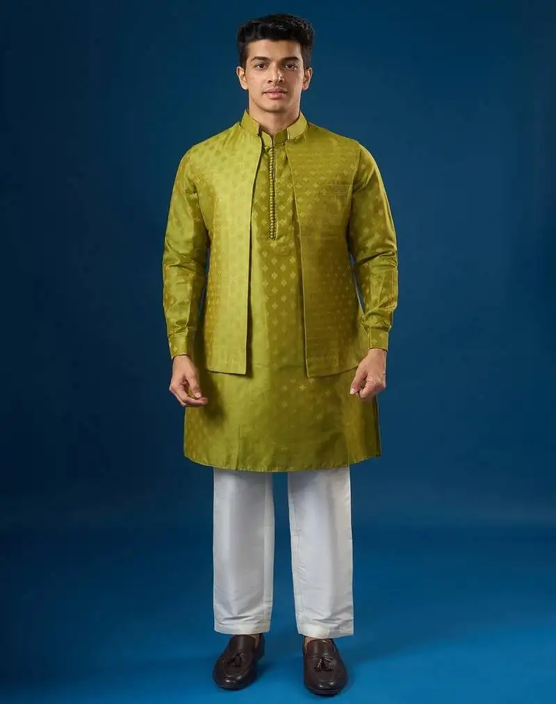 Green embroidered brocade silk jacket set