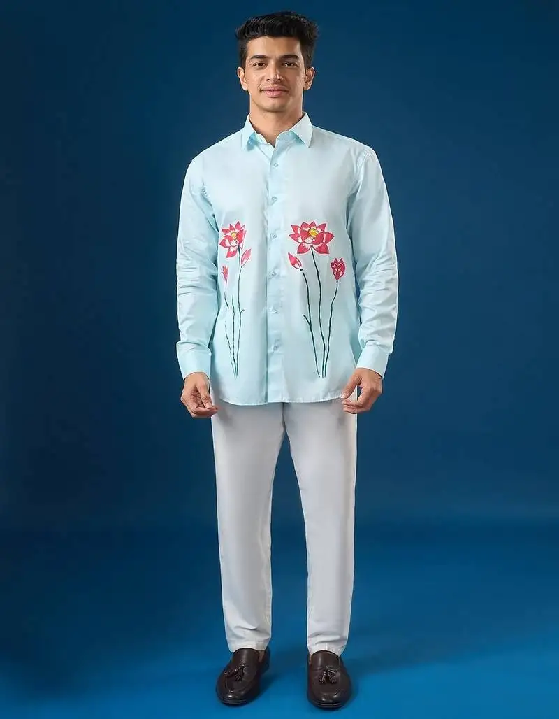 Blue printed crepe shirt