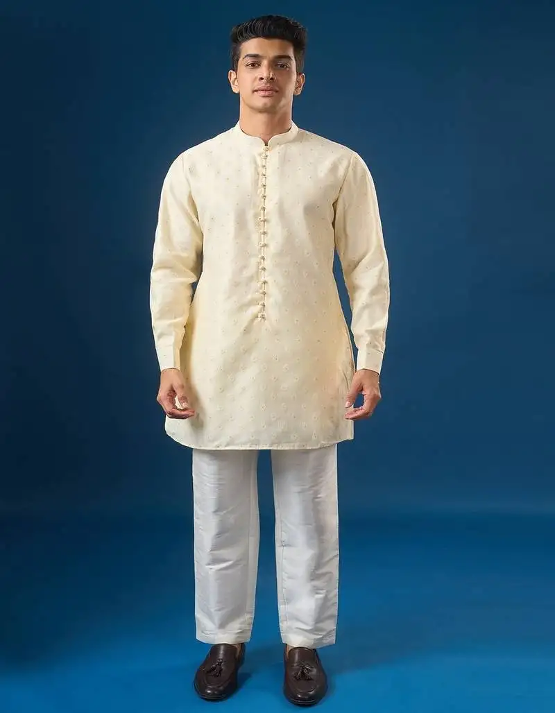 Cream embroidered cotton silk nehru jacket set