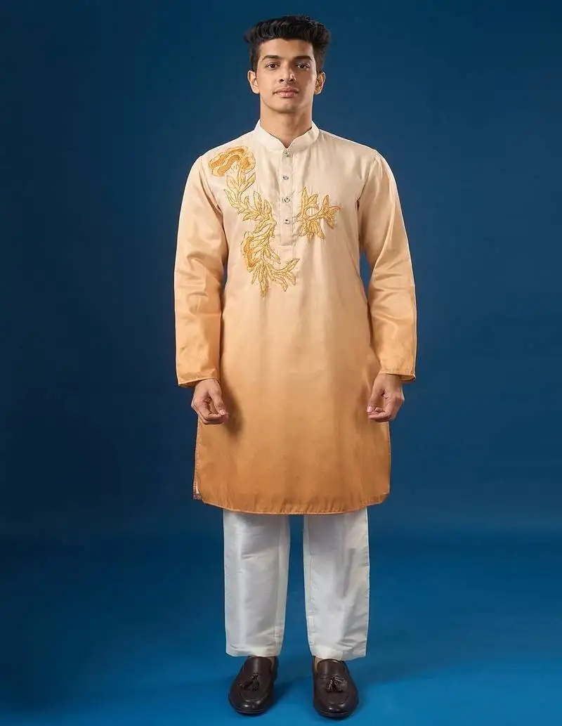 Yellow embroidered cotton silk kurta set