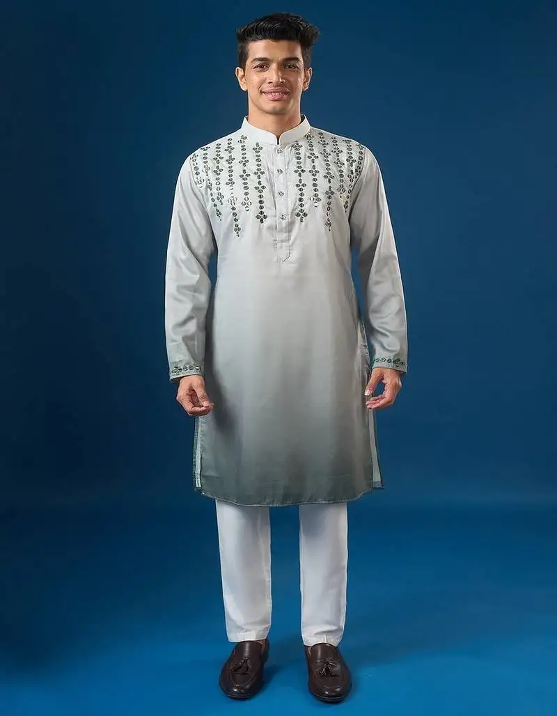 Green embroidered cotton silk kurta set