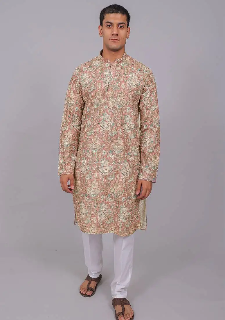 Bluesaanchi men's chikankari threadwork & sequin kurta set –coral pink