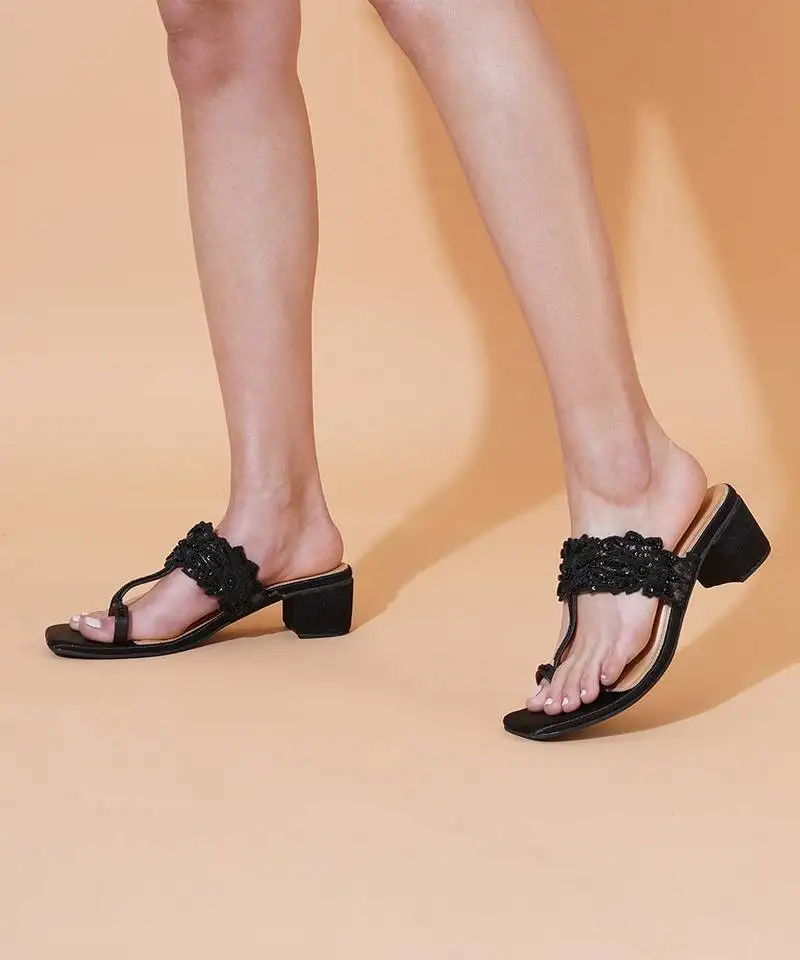Black embroidered kolhapuri block heels
