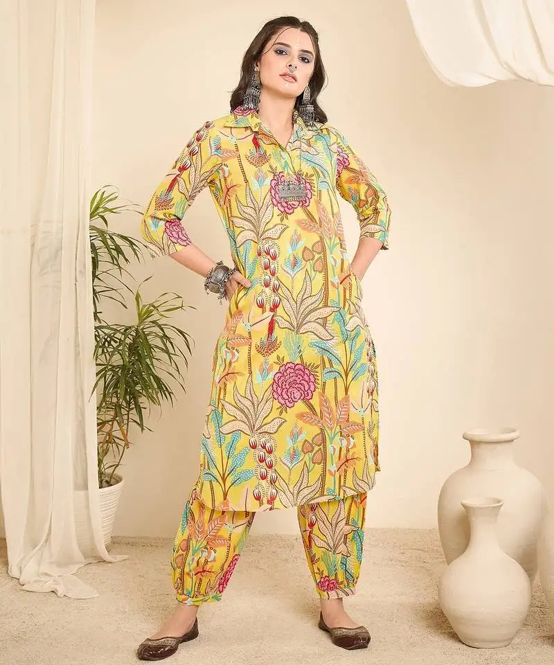 Yellow printed collared pathani kurta set