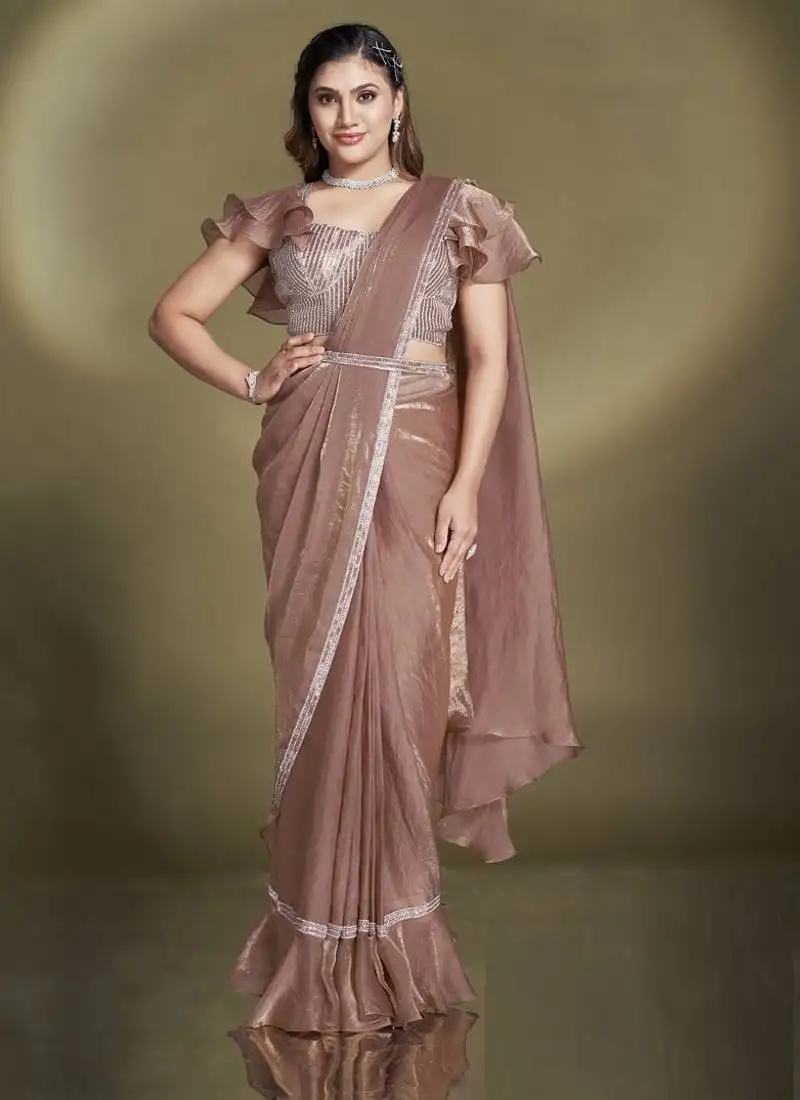 Coffee two tone satin silk sequince & beads aari work ruffle sleeves blouse with belt designer ready to wear saree