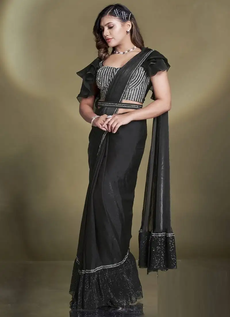 Black two tone satin silk sequince & beads aari work ruffle sleeves blouse with belt designer ready to wear saree