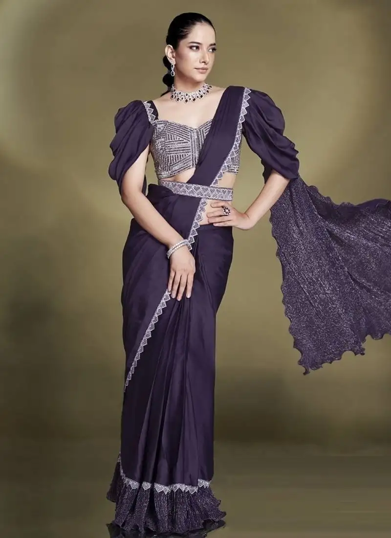 Wine crape satin silk sequince & beads aari work puffed sleeves blouse with belt designer ready to wear saree