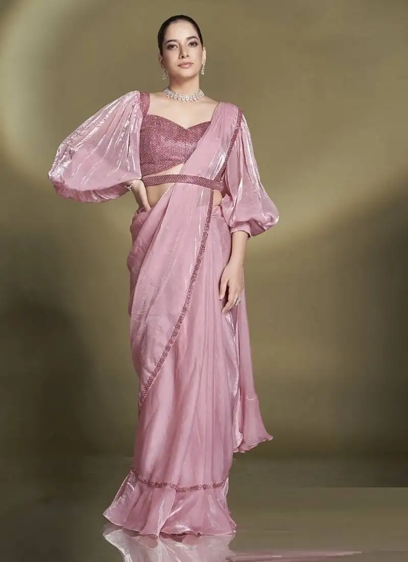 Baby pink two tone satin silk sequince & beads aari work lantern sleeves blouse with belt designer ready to wear saree