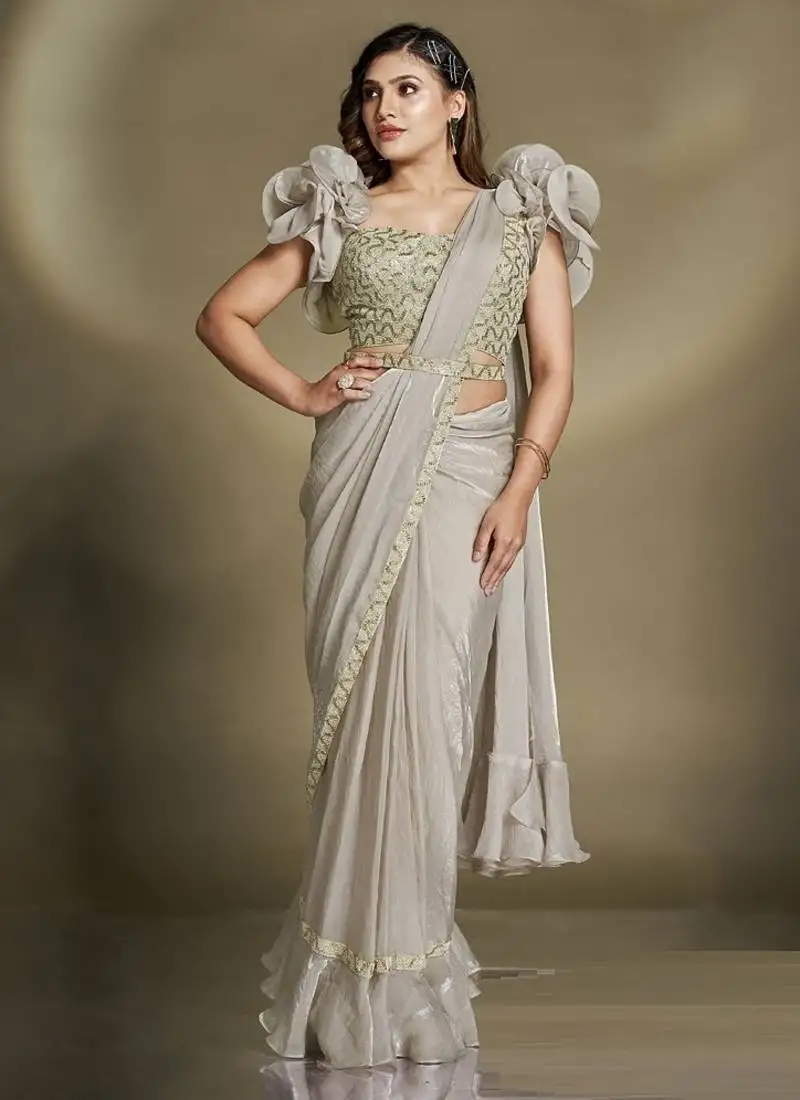 Beige two tone satin silk sequince & beads aari work ruffle sleeves blouse with belt designer ready to wear saree