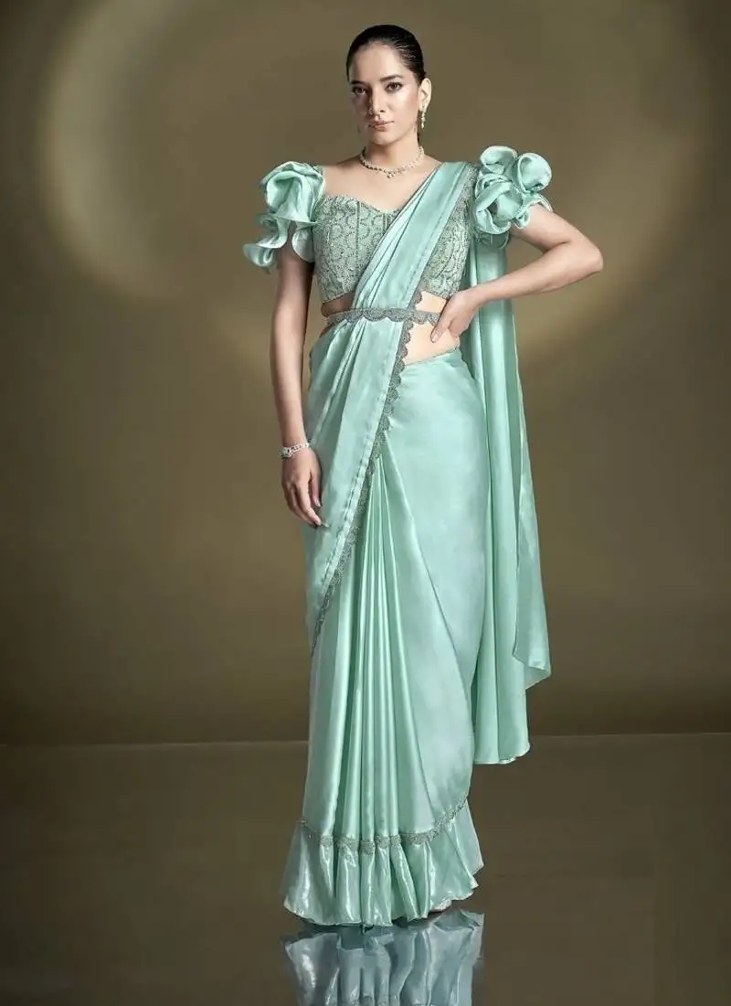 Turquoise crape satin silk sequince & beads aari work uffle sleeves blouse with belt designer ready to wear saree