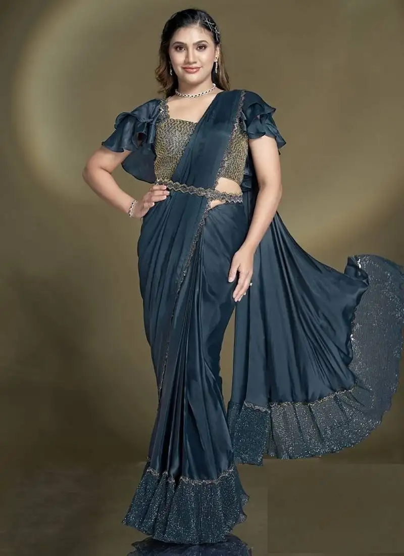 Peaocock blue crape satin silk sequince & beads aari work ruffle sleeves blouse with belt designer ready to wear saree
