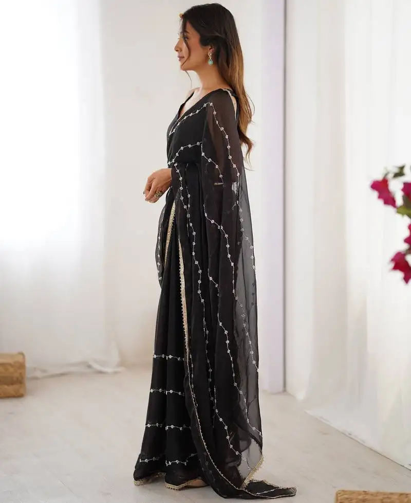 Black color beads work celebrity style saree with blouse
