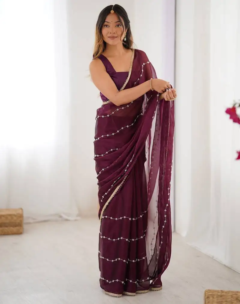 Wine color beads work celebrity style saree with blouse