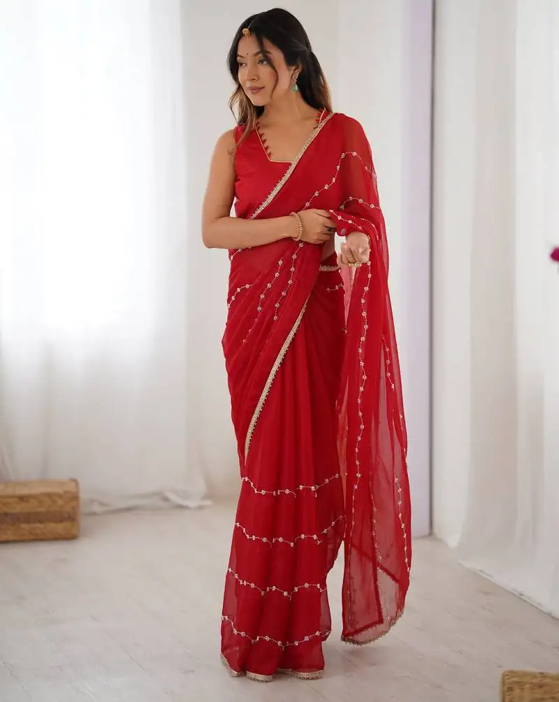 Red color beads work celebrity style saree with blouse