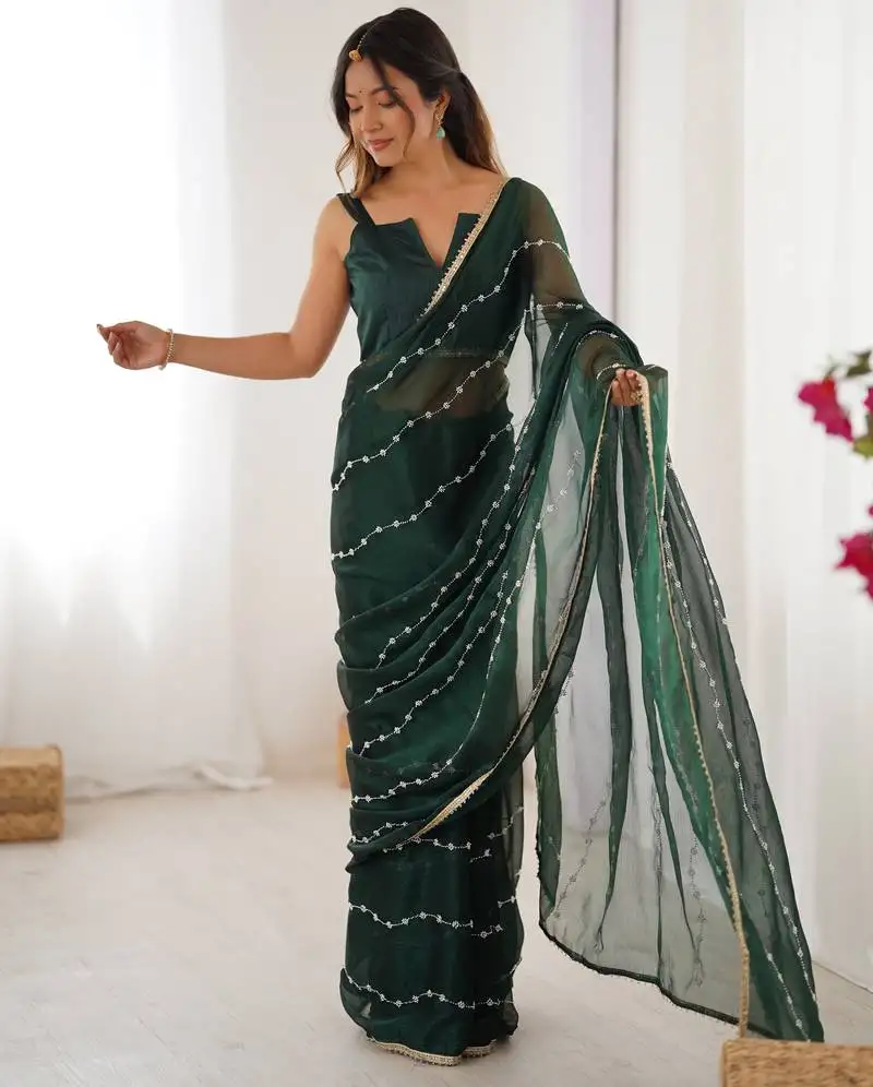 Green color beads work celebrity style saree with blouse