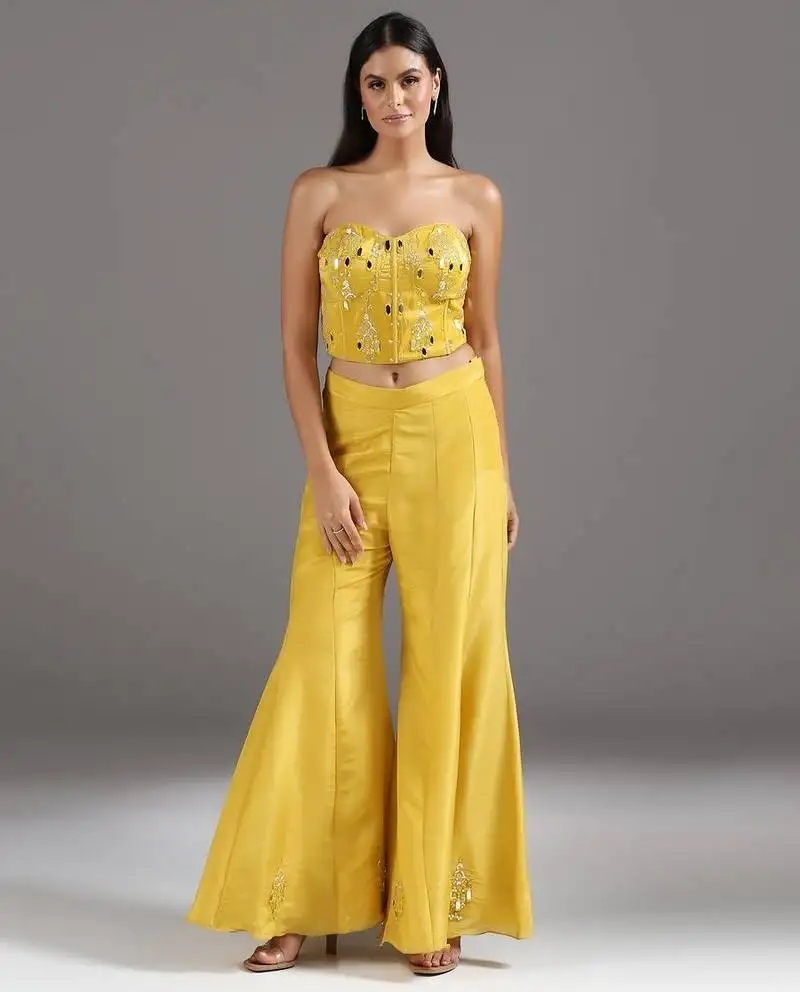 Yellow embroidered net co ord set